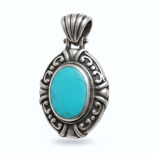 Large Vintage Turquoise Pendant Solid 925 Sterling Silver unique detailed piece
